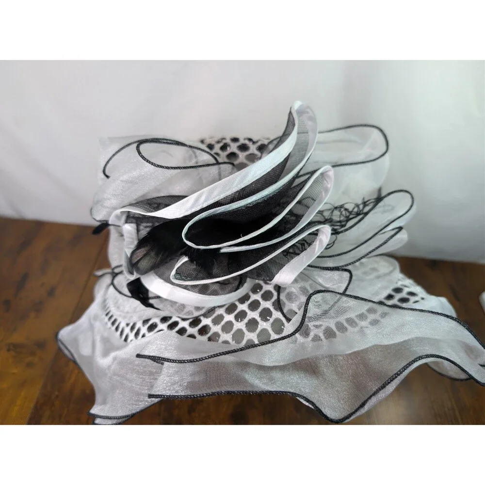 Organza Church Hat Women Kentucky Derby Wide Brim Black White Dress Tea Party